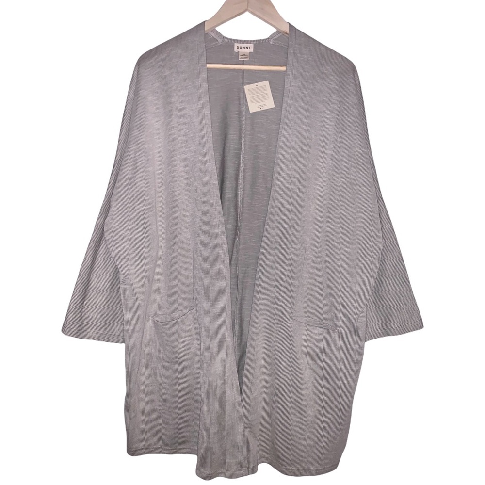 Donni Light Grey Ribbed Long Open Front Oversized Cardigan